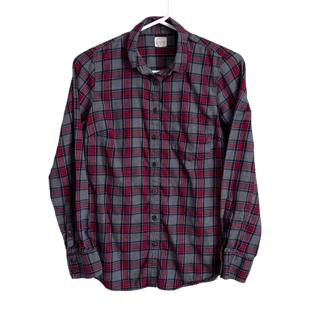 J Crew Womens Grey Red Plaid Button Down Shirt Classic Casual Preppy Gorpcore XS